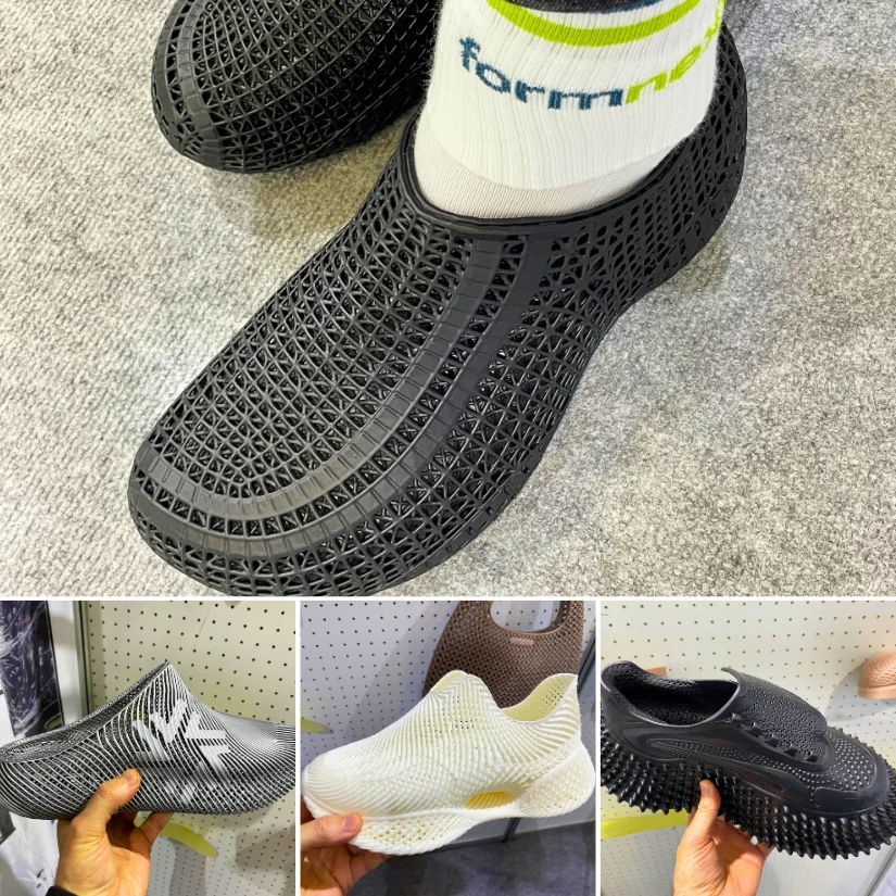 Compilation of 3D printed shoes at Formnext 2025, including a black lattice Flux shoe worn with Formnext-branded socks, and several resin or lattice footwear prototypes in black, grey, and cream colours.