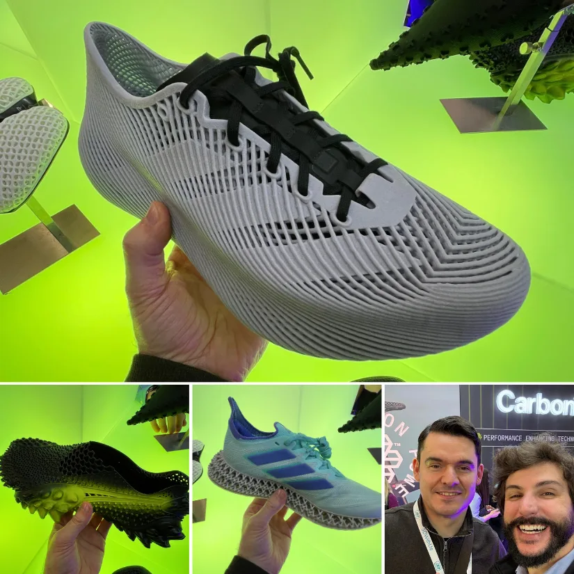 Compilation of Carbon’s 3D printed footwear at Formnext 2025, featuring lattice midsole shoes, prototype designs held in hand, and a photo with Andrew Sink at the Carbon booth.