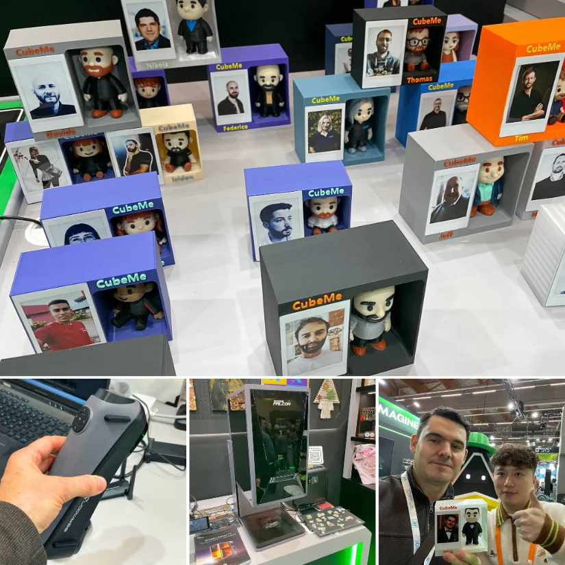 Compilation showing Creality’s CubeMe personalised figurines at Formnext 2025, a handheld 3D scanner, the Falcon T1 compact laser engraver, and a photo of Max Funkner with Seth from Creality holding a CubeMe model.