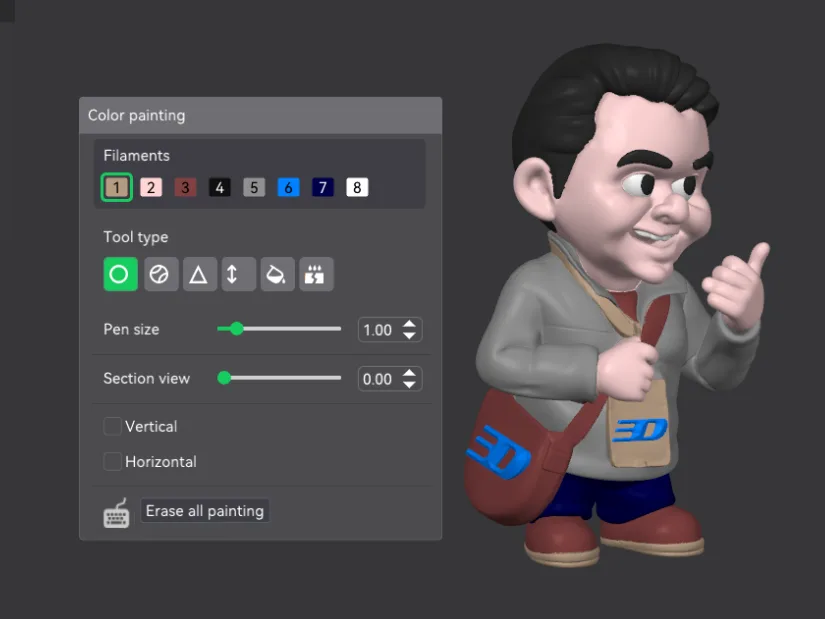 My avatar created in CubeMe getting painted in CrealityPrint. 8 assigned filaments for multicolor 3D printing.