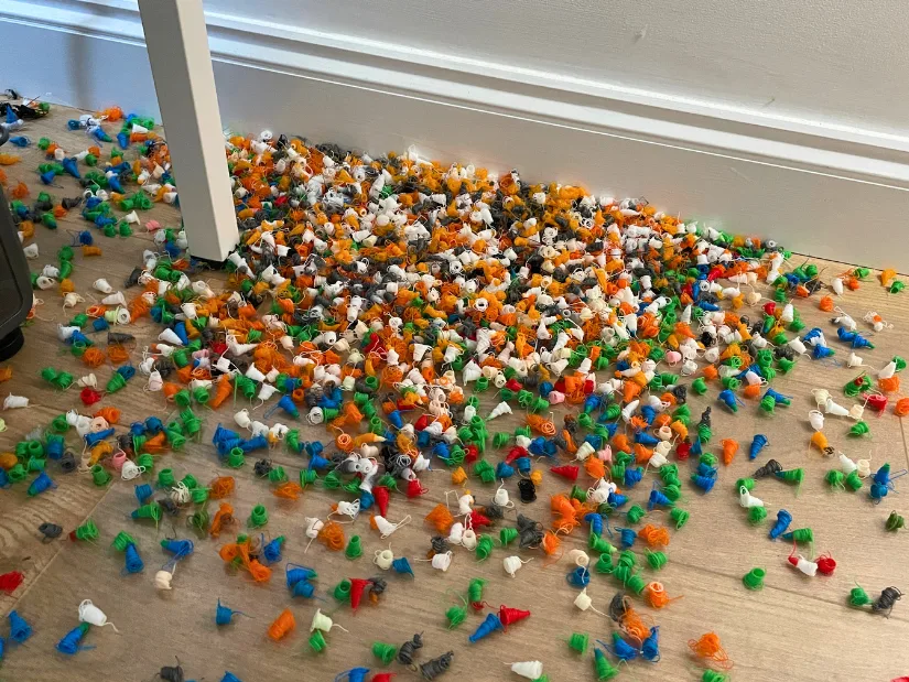 A pile of multicolored filament purge waste on the floor after printing Bunny and Snake models.
