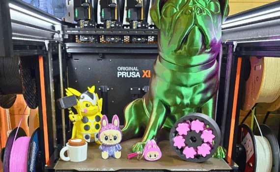 Prusa XL 5-tools and test models including Pikachu Avengers, Pug Statue, and Cogwheel