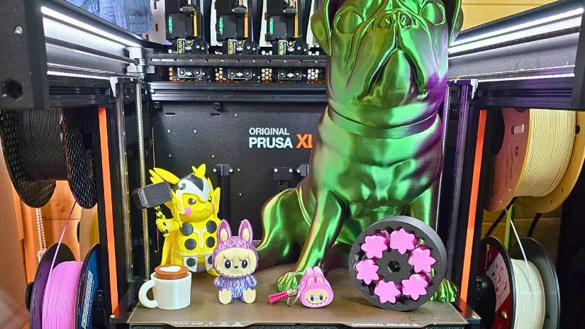 Prusa XL 5-tools and test models including Pikachu Avengers, Pug Statue, and Cogwheel