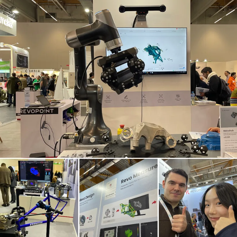Compilation showing Revopoint3D’s Formnext 2025 booth, including a robotic arm running the TrackIt system, MetroY scanning station, Revo Design and Revo Measure software displays, and a photo with Sienna from the Revopoint team.