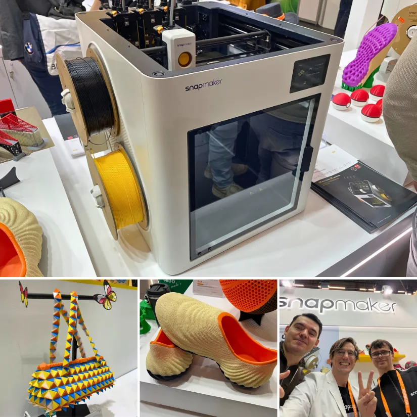 Snapmaker U1 toolchanging 3D printer at Formnext 2025, shown alongside colorful printed footwear, bag, and a photo with the Snapmaker team at the booth.