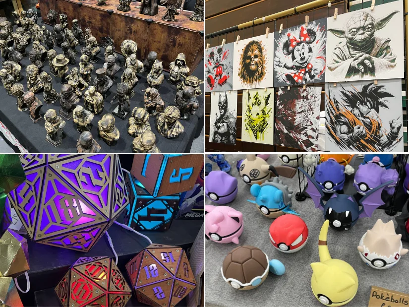 Compilation of 3D printed busts, fan art prints, laser-cut dice and custom Pokéball designs from various Comic Con events