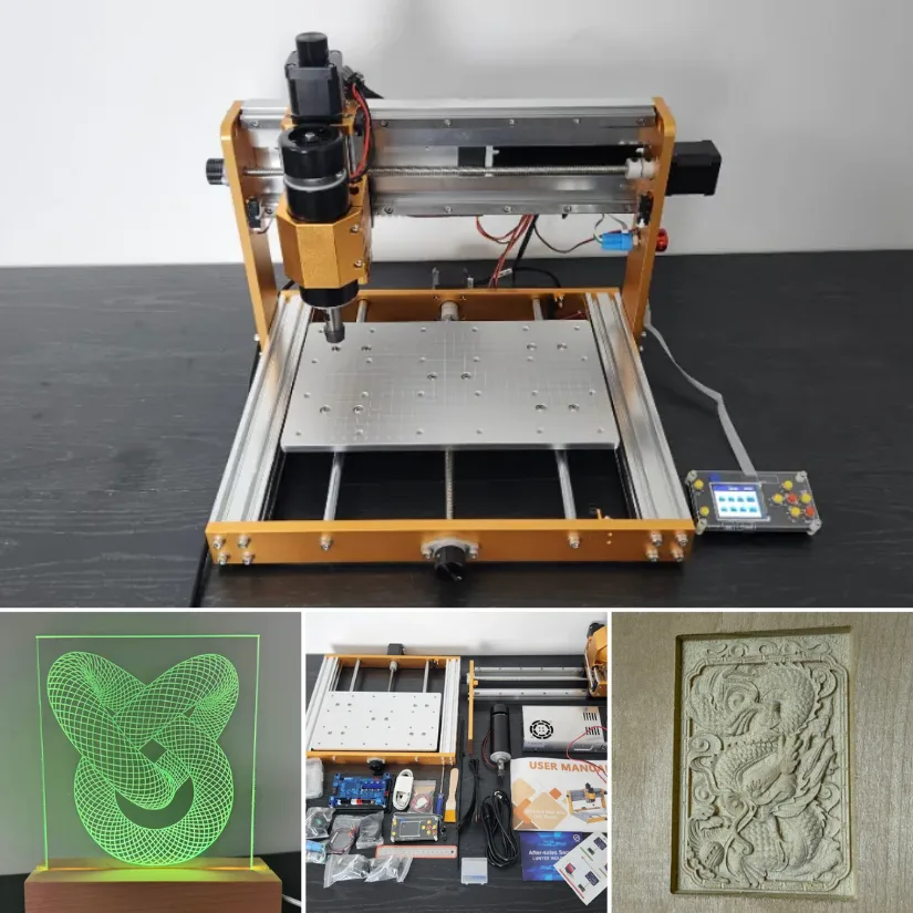 Lunyee 3018 Pro Ultra CNC machine with example projects including LED acrylic engraving, parts and accessories, and wood relief carving.