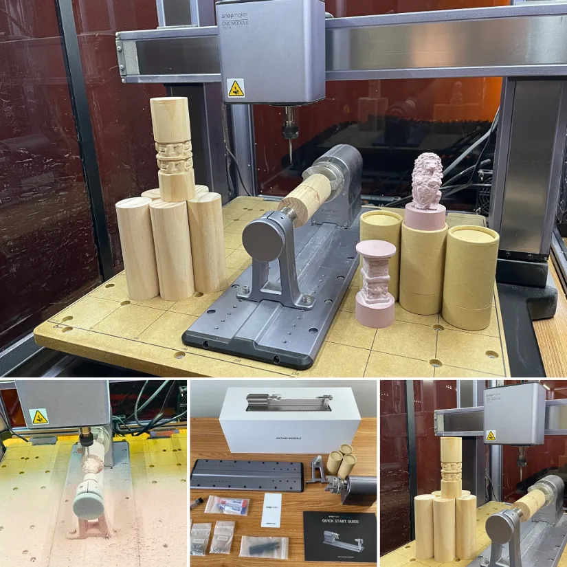 Compilation showing Snapmaker Artisan CNC module with 4-axis rotary carving wooden dowels and test models, unboxing kit with parts and accessories, and heavy dust build-up during carving