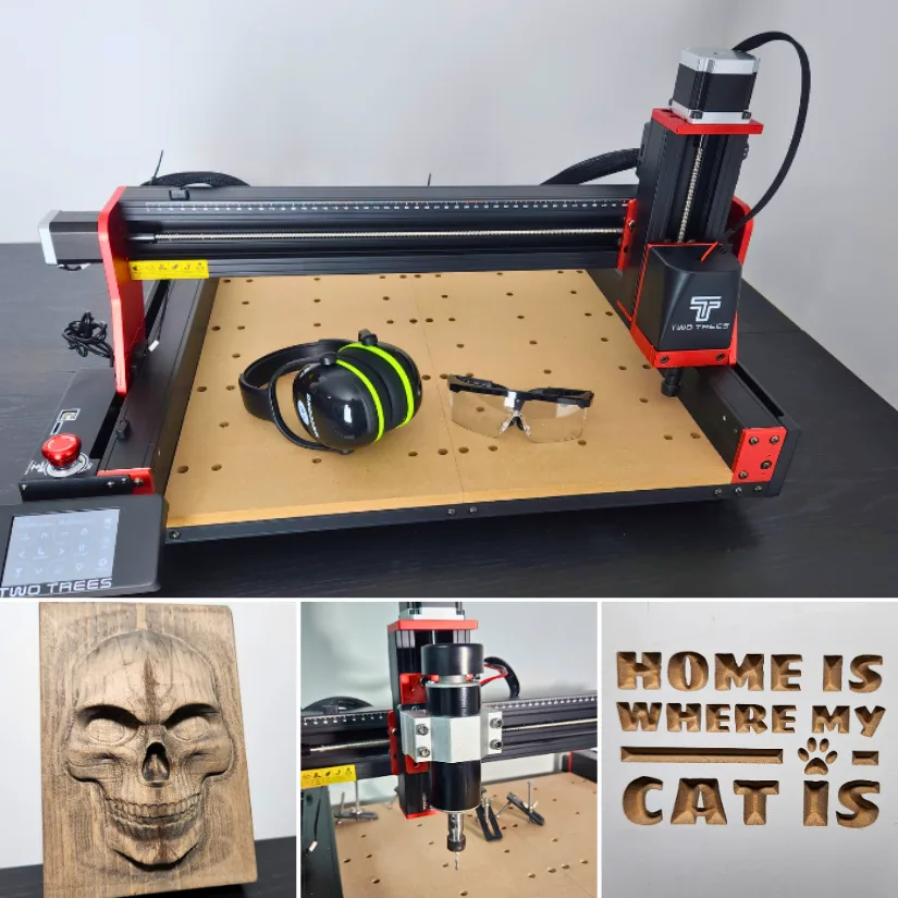 TwoTrees TTC450 Pro CNC machine with safety gear, carved skull relief, engraving spindle close-up, and wooden text sign project