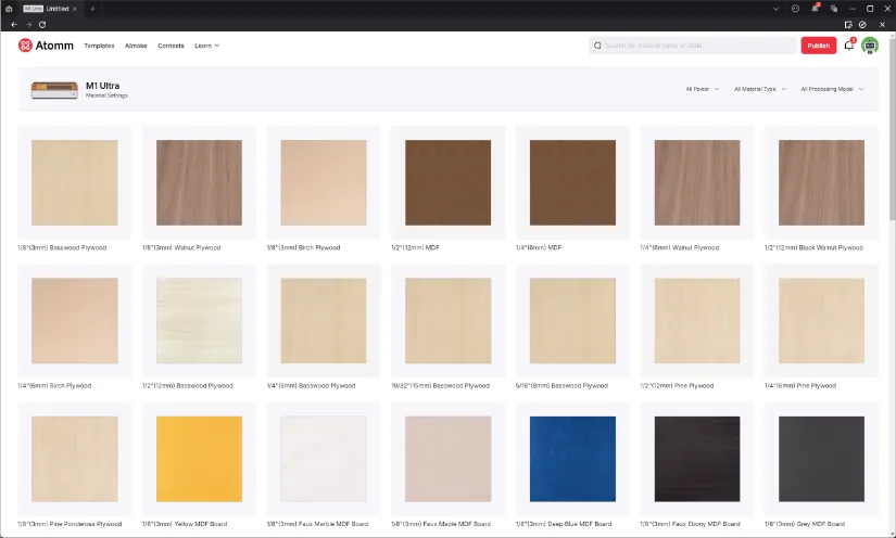 Screenshot of xTool Creative Space (XCS) Material Library showing grid of preset materials for the M1 Ultra, including various plywood, MDF, and colored boards with search and filter controls.