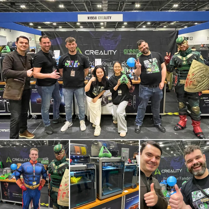 Creality booth at Comic Con featuring team members, guests, 3D printers in action, Soldier Boy cosplay, and a group picture