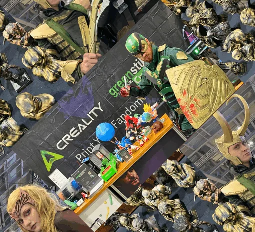 A collage from MCM Comic Con showing 3D printed busts, Creality booth with printed models, and cosplayers including a Soldier Boy costume with printed elements.