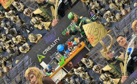 A collage from MCM Comic Con showing 3D printed busts, Creality booth with printed models, and cosplayers including a Soldier Boy costume with printed elements.