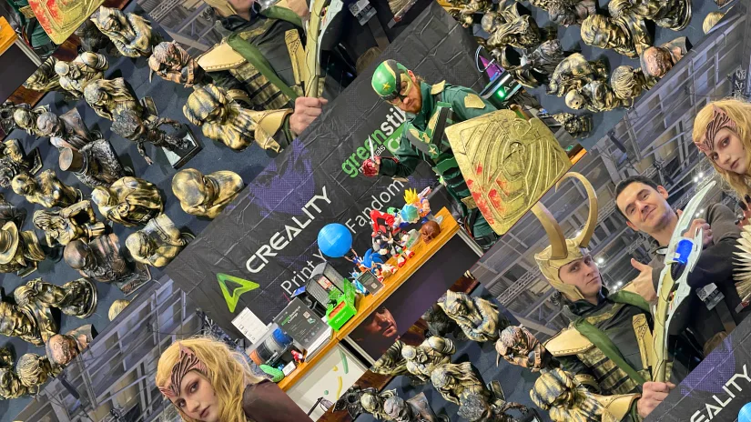 A collage from MCM Comic Con showing 3D printed busts, Creality booth with printed models, and cosplayers including a Soldier Boy costume with printed elements.