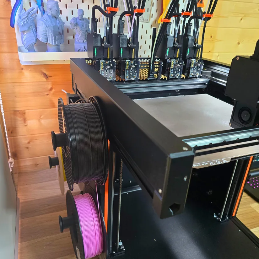 Prusa XL with side-mounted spool holders and five installed toolheads
