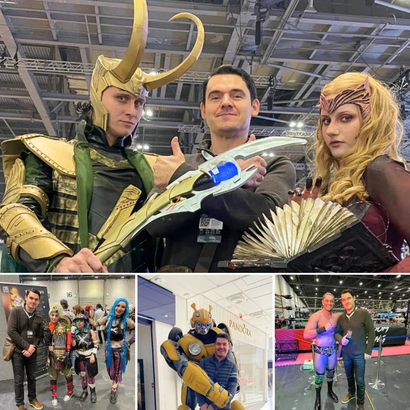 Collage of selfies with cosplayers from various Comic Con events, including characters like Loki, Scarlet Witch, Bumblebee, Ekko, Isha, Jinx from Arcane, and even a pro wrestler.