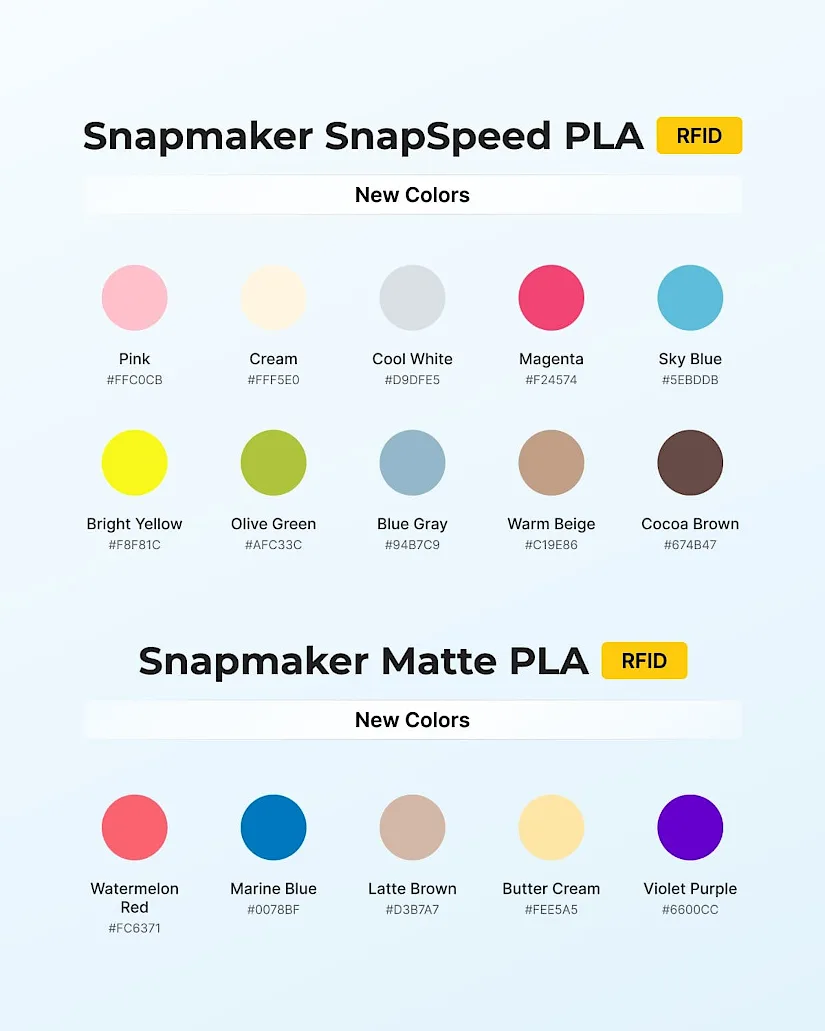 Snapmaker SnapSpeed PLA and Matte PLA RFID filament new colors chart with 15 color options