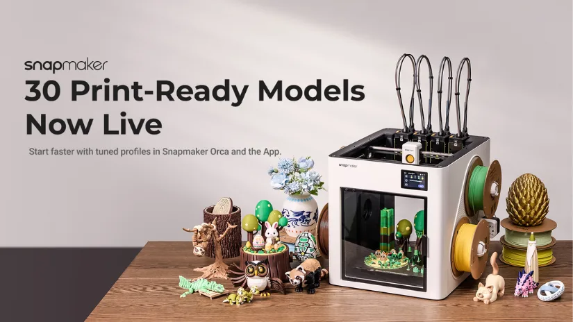 Snapmaker U1 with 30 print-ready models available in Snapmaker Orca and app interface
