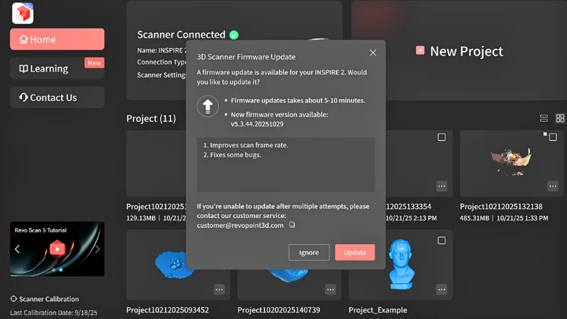 Revo Metro software showing a firmware update prompt.