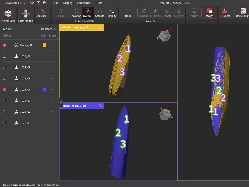 Revo Metro interface showing multiple Inspire 2 boat scans being aligned and merged