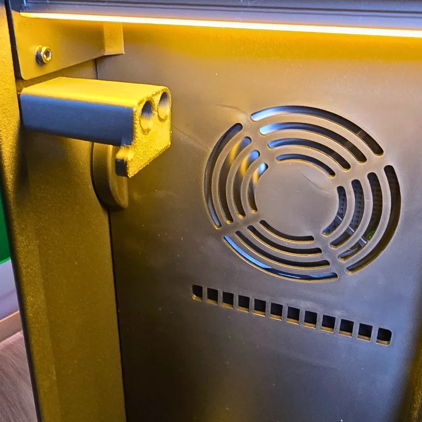 Close-up of the Uniformation GK3 Pro air filtration fan and internal mounting bracket inside the enclosure