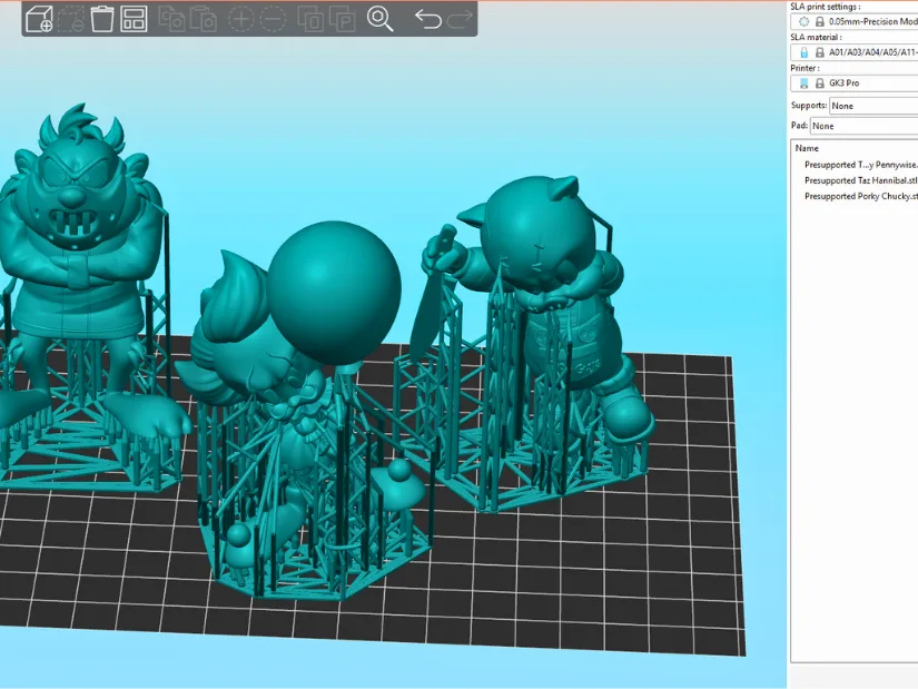 Uniformation Slicer software preview showing multiple supported models prepared for printing on the GK3 Pro