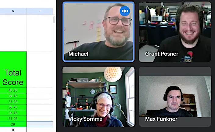 Behind-the-scenes video call showing members of the 3D printing community discussing the 3DPI Awards scoring matrix in 2024