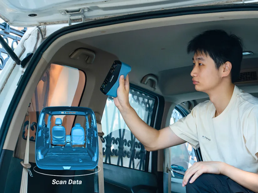 EINSTAR 2 performing 3D scanning of a car interior using a handheld wireless scanner