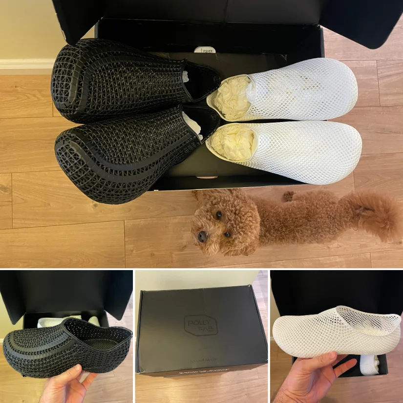 A compilation of images showing the unboxing of PollyFab 3D printed lattice shoes in black and white, including close-up shots, the branded box, and a curious dog inspecting the package.