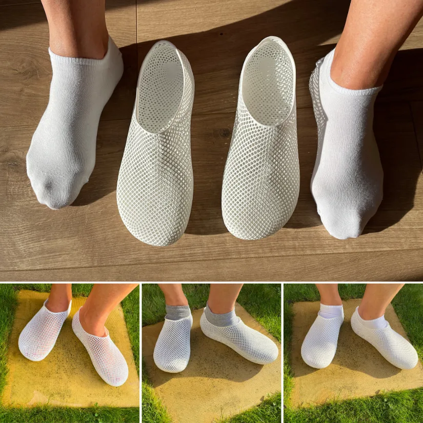 Compilation showing PollyFab Aero white 3D printed lattice shoes being worn indoors and outdoors, highlighting fit, sizing, and appearance on smaller feet.