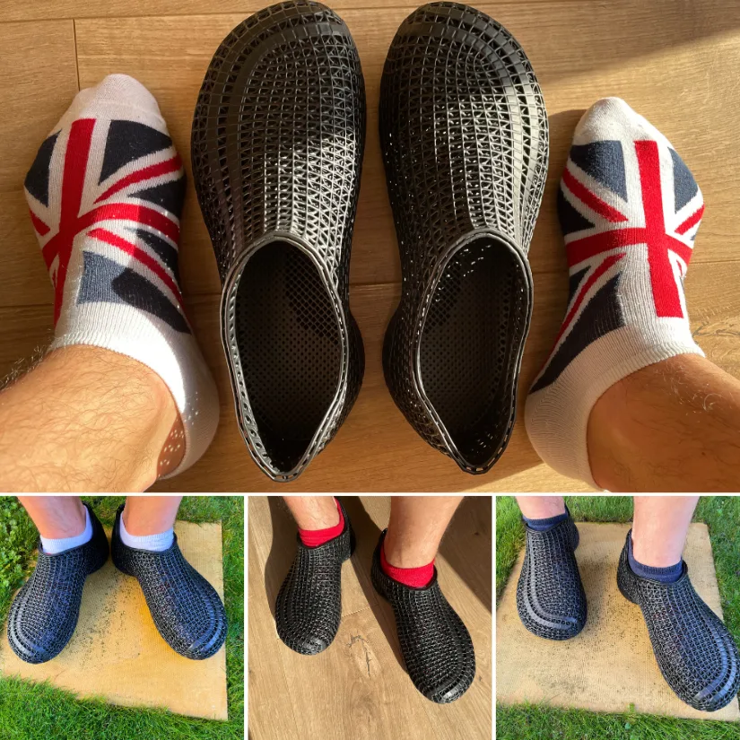 Compilation of photos showing the PollyFab Flux black 3D printed lattice shoes worn indoors and outdoors with different socks, highlighting fit, comfort, and design.