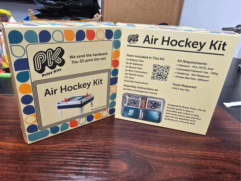 Air Hockey Kit box showing packaging with parts list, QR code, and assembly details