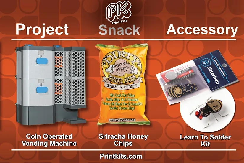 Kit example showing a 3D printed project, a snack item, and an electronics accessory kit