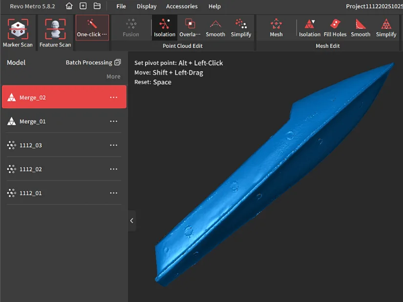 Merged 3D scan of an RC model boat displayed in Revo Metro, showing a blue mesh after combining multiple scans