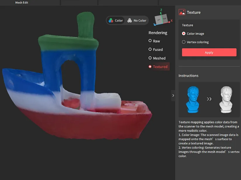 Color 3D scan of a multicolor Benchy boat displayed in Revo Metro with textured rendering enabled