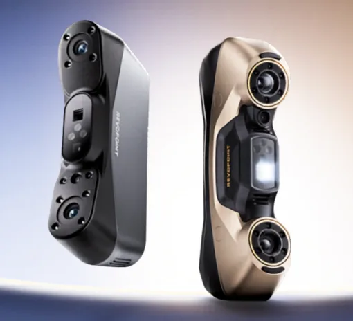 Revopoint POP 4 and MetroY Ultra 3D scanners shown side by side, highlighting compact portable design and advanced professional scanning hardware.