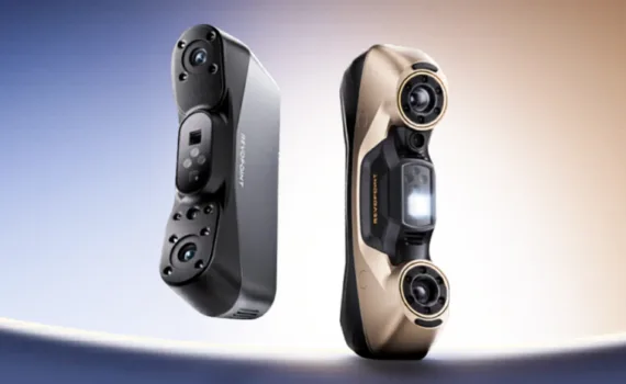 Revopoint POP 4 and MetroY Ultra 3D scanners shown side by side, highlighting compact portable design and advanced professional scanning hardware.