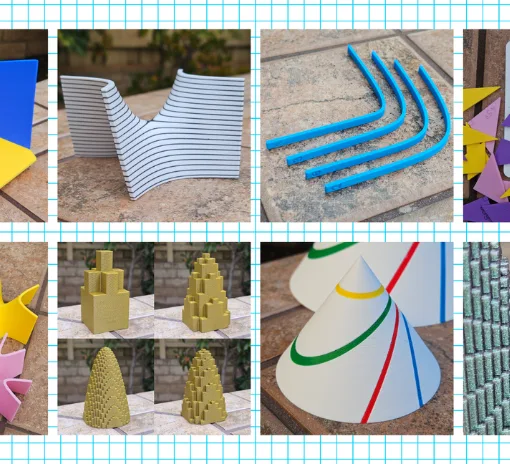 Collection of 3D printed math models including exponential curves, saddle surfaces, conic sections, unit circle triangles, and intersecting planes used for hands-on math education