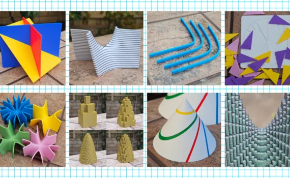 Collection of 3D printed math models including exponential curves, saddle surfaces, conic sections, unit circle triangles, and intersecting planes used for hands-on math education