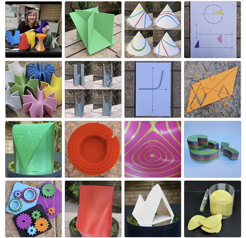 Screenshot of a Cults3D collection showing 3D printable math models including exponential curves, saddle surfaces, conic sections, unit circle models, and intersecting planes