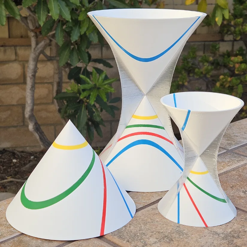 3D printed conic sections cone showing circles, ellipses, parabolas, and hyperbolas embedded within a single double-napped cone