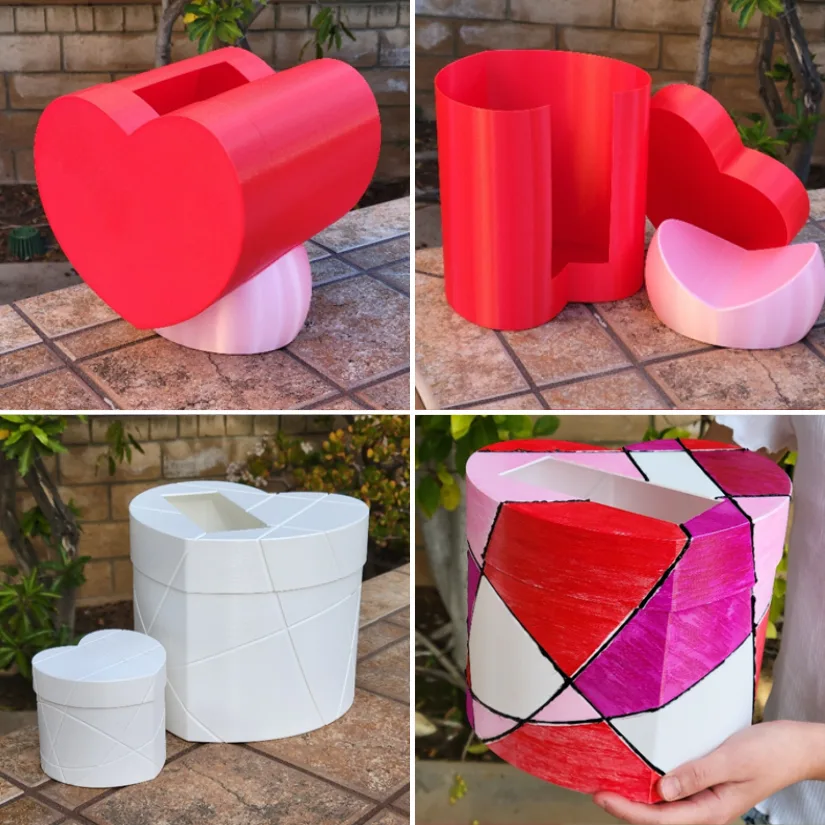 3D printed Valentine mailboxes in heart-shaped designs shown in different sizes and stages of customization
