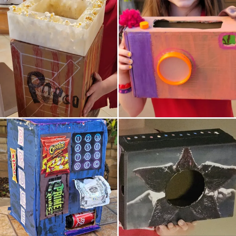 Homemade Valentine mailboxes made from reused boxes and craft materials for school Valentine exchanges