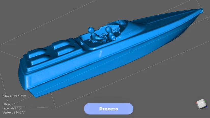 Final processed RC boat scan shown in JMStudio after noise removal, fusion, and gap repair