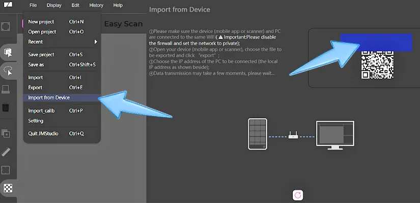 JMStudio menu showing the Import from Device option used to transfer scan files from the 3DMakerpro Toucan