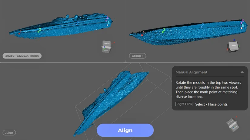 JMStudio interface showing manual alignment of two RC boat scans using numbered reference points
