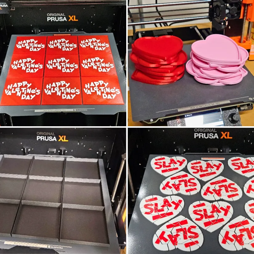 Compilation showing batch printing on Pursa XL and MK4S, finished parts, and assembly stages of 3D printed slang heart puzzles for classroom Valentine exchanges