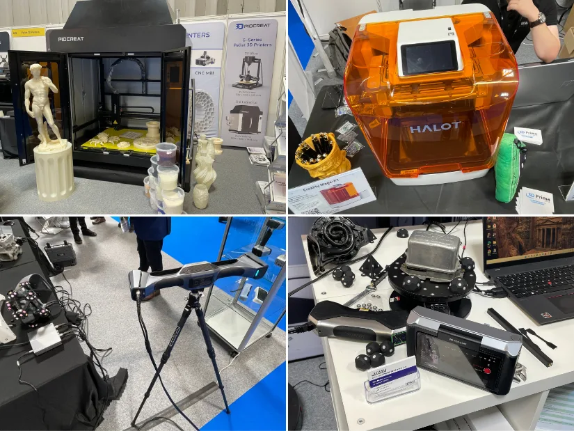 Clockwise compilation from TCT 3Sixty 2025 showing an industrial PioCreat 3D printer, the PioCreat HALOT-X1 prosumer resin printer, a Revopoint MIRACO 3D scanner, and a Shining 3D scanning setup