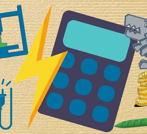 3D printing electricity cost calculator illustration with lightning bolt, plug icon and coins