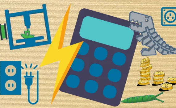 3D printing electricity cost calculator illustration with lightning bolt, plug icon and coins